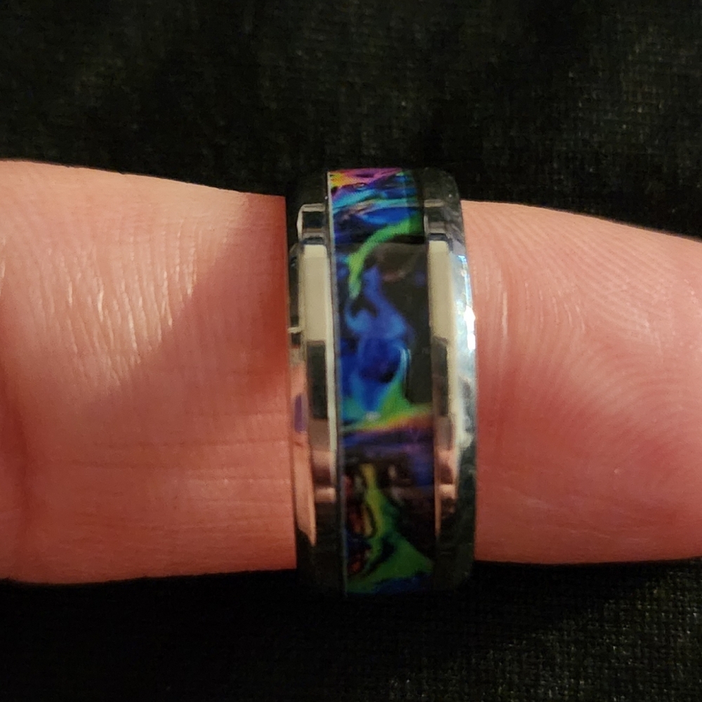 Rainbow, black and silver-tone fashion ring
